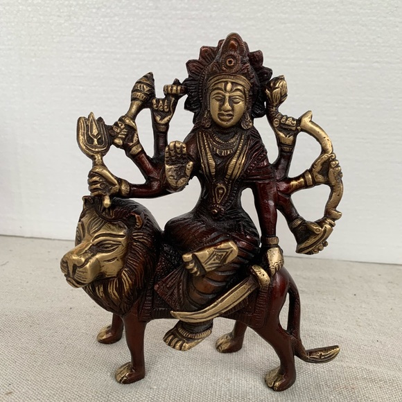 Durga & Lion Brass Statue Figurine with Antique Bronze Gold Finish - Picture 4 of 12